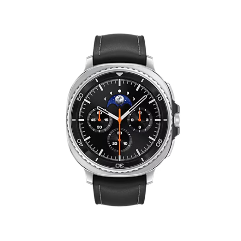 Smartwatch with black leather strap and detailed face on a white background