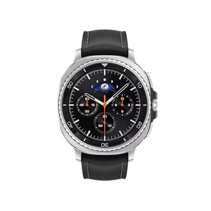 Smartwatch with black leather strap and detailed face on a white background