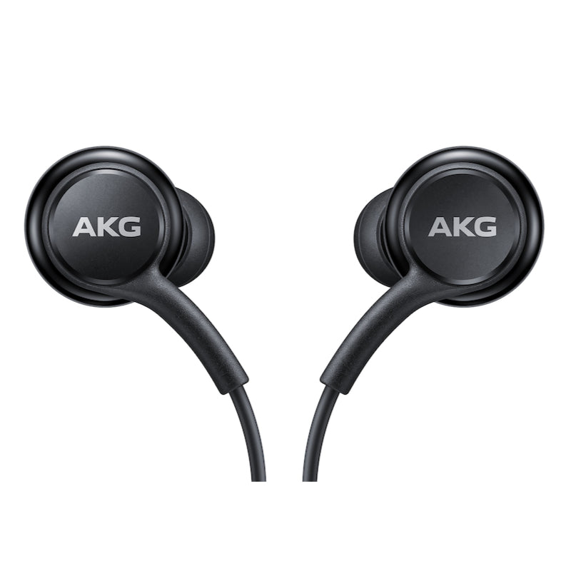 Black AKG earbuds on a white background