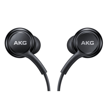 Black AKG earbuds on a white background
