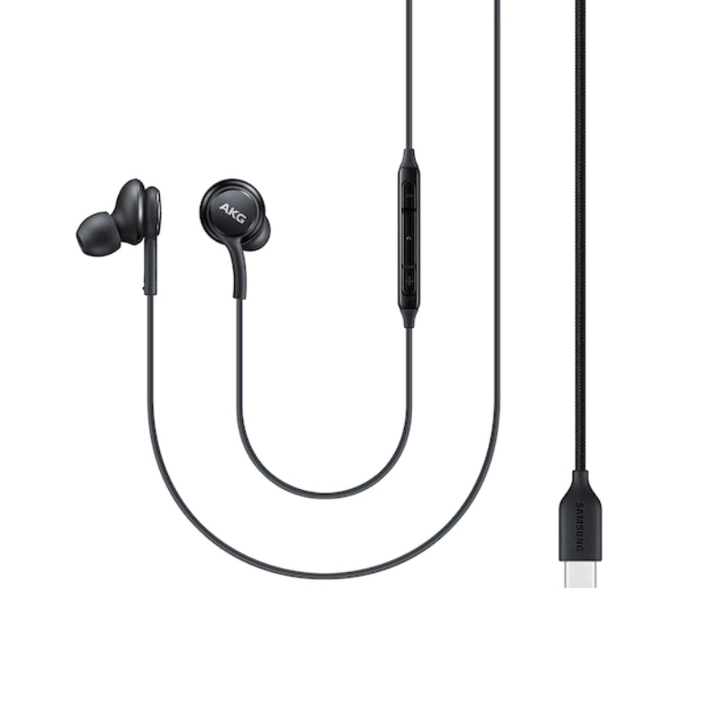 Black earbuds with a cable and USB-C connector on a white background