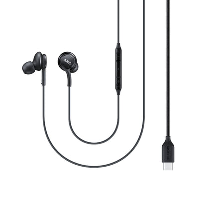 Black earbuds with a cable and USB-C connector on a white background