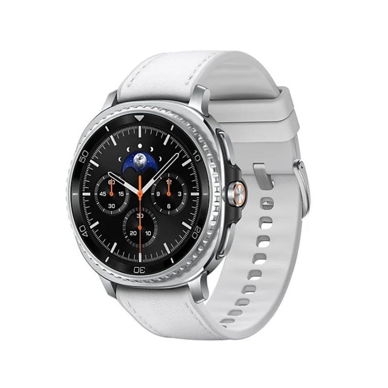Smartwatch with a white strap on a white background