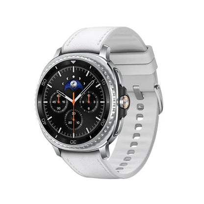 Smartwatch with a white strap on a white background