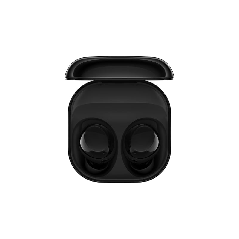 Black wireless earbuds in an open case on a white background