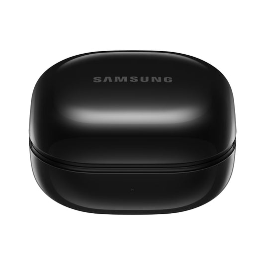 Black Samsung earbud case on a white background