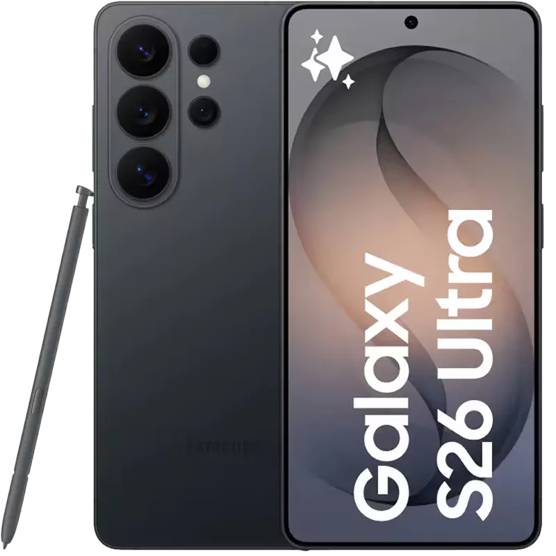 Samsung Galaxy S26 Ultra smartphone showing front and back on a white background