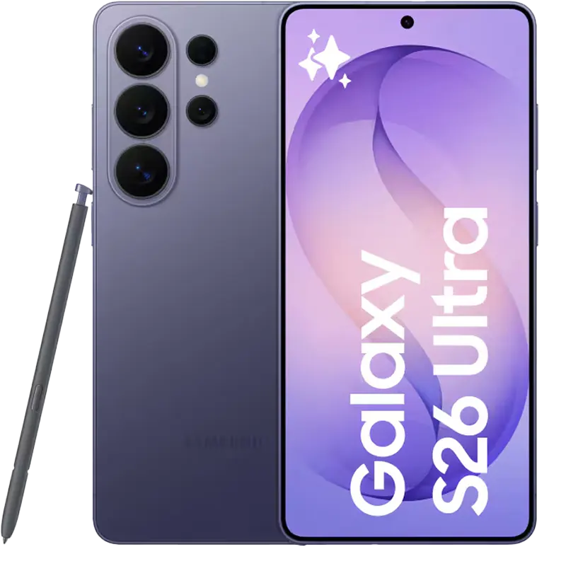 Samsung Galaxy S26 Ultra smartphone showing back and front views with a stylus on a white background.