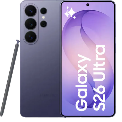 Samsung Galaxy S26 Ultra smartphone showing back and front views with a stylus on a white background.