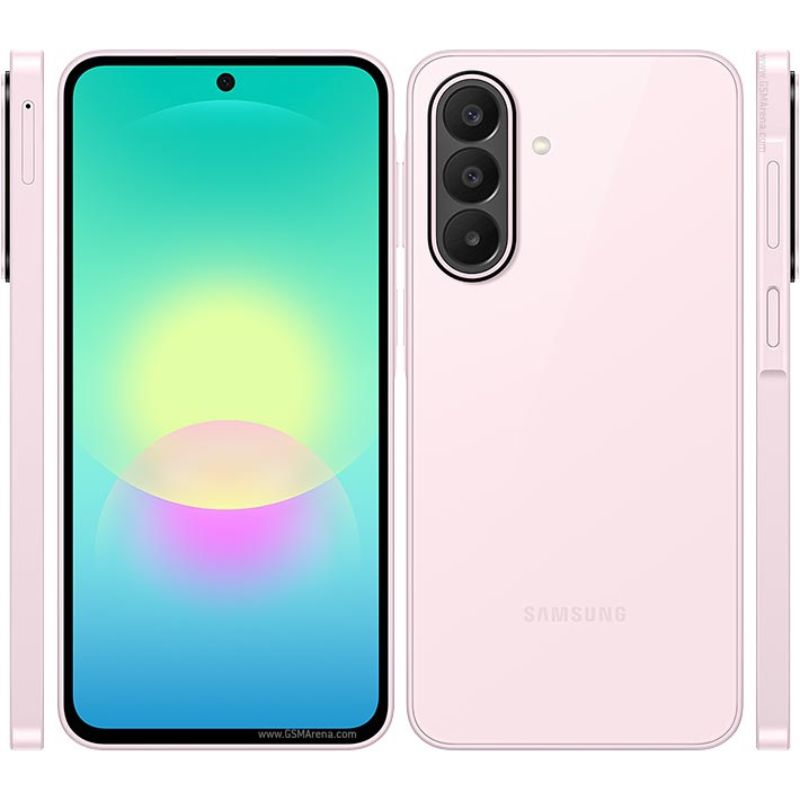 Samsung smartphone showing front and back views with a pink gradient.