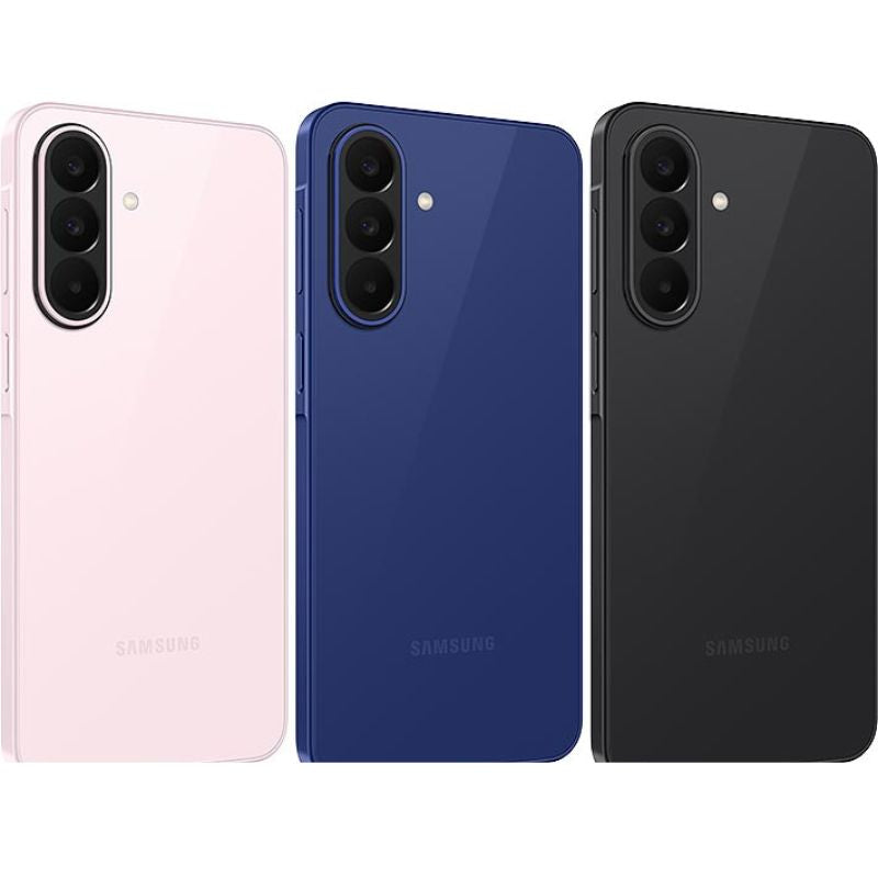 Three Samsung smartphones in pink, blue, and black on a white background