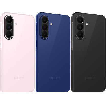Three Samsung smartphones in pink, blue, and black on a white background