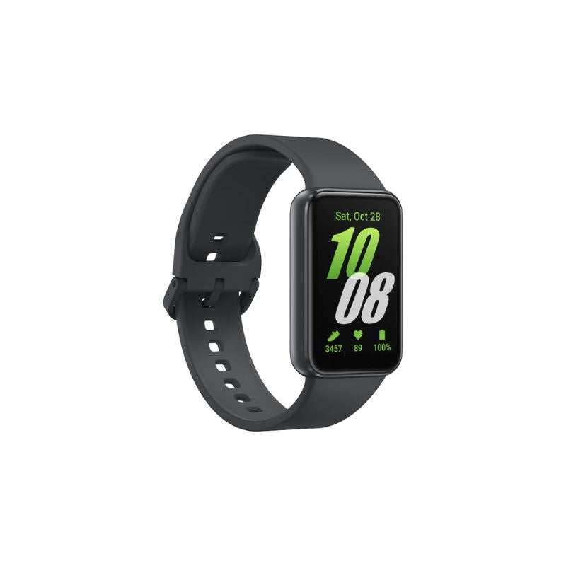 Black smartwatch with a digital display on a white background