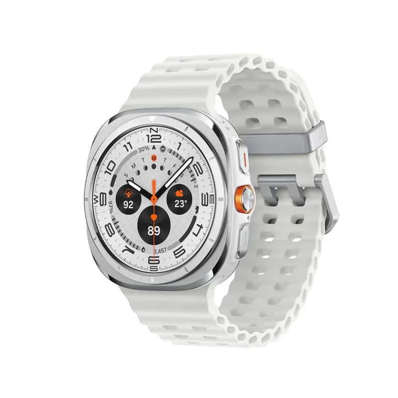 White smartwatch with a perforated band on a white background