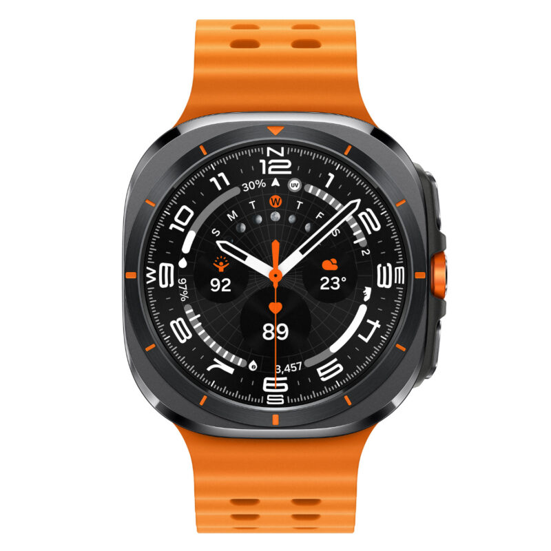 Smartwatch with orange band on a white background