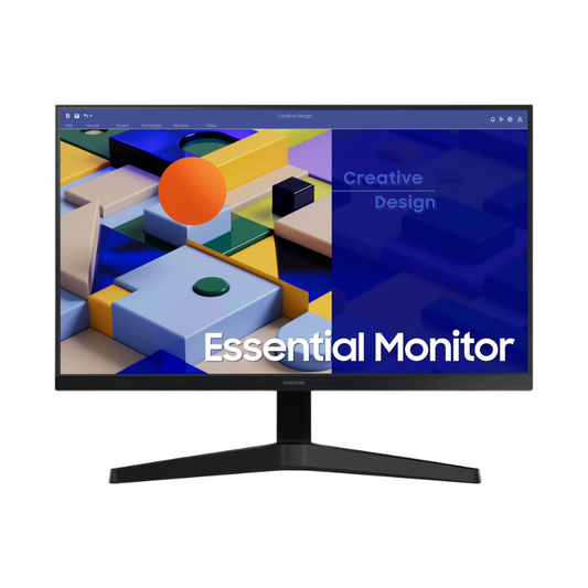 Monitor with colorful geometric design on screen displaying 'Essential Monitor' text.