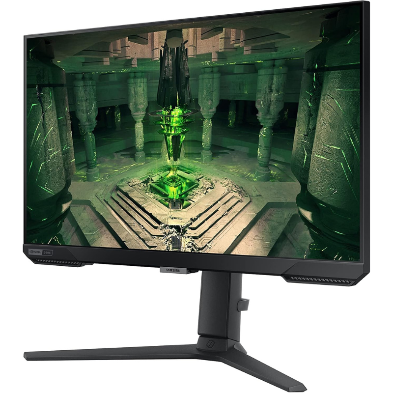Samsung LS25BG402EMXUE 25" Odyssey G4 Gaming Monitor tilted to the left on a white background