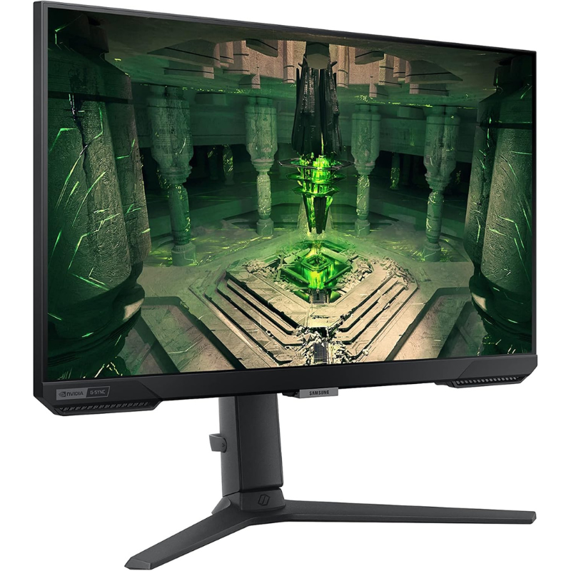 Samsung LS25BG402EMXUE 25" Odyssey G4 Gaming Monitor tilted to the right on a white background