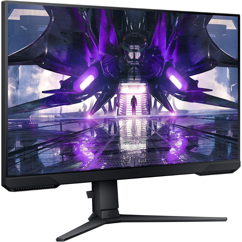 Gaming monitor displaying a futuristic spaceship scene with purple lights.