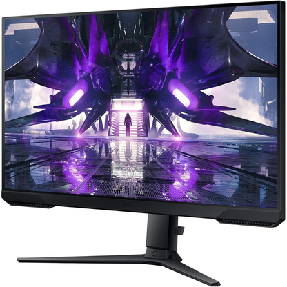 Gaming monitor displaying a futuristic sci-fi scene with purple lights.