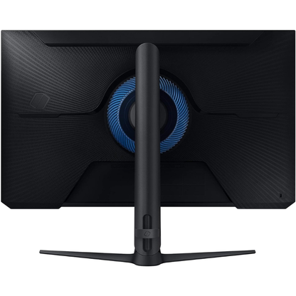Gaming monitor with a blue cooling fan on a white background