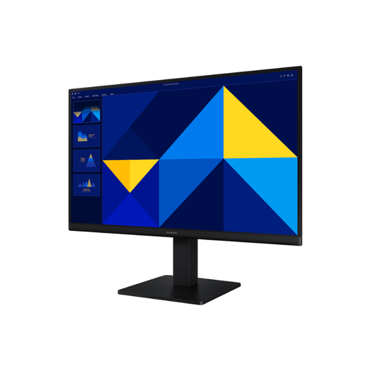 Computer monitor with blue and yellow geometric design on screen