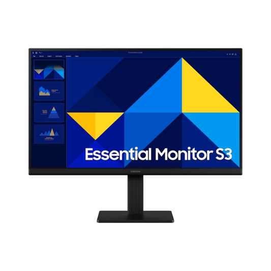 Monitor with 'Essential Monitor S3' on the screen displaying a blue and yellow geometric design.