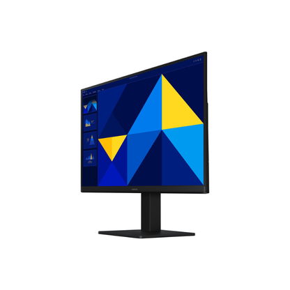Computer monitor with a blue and yellow geometric design on a white background