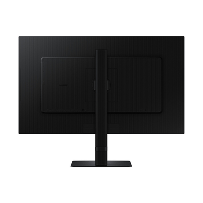 Black computer monitor with stand on a white background