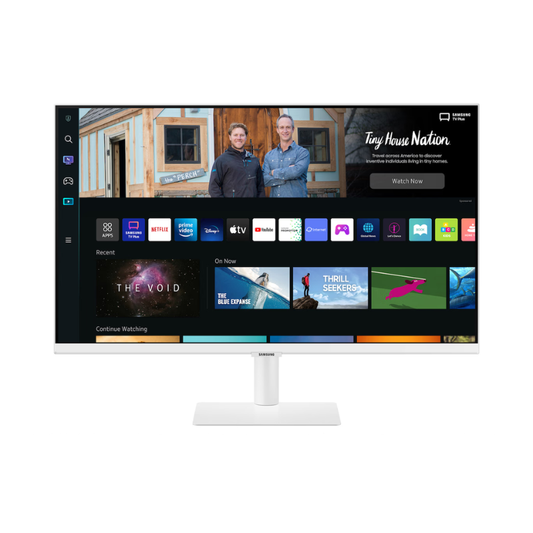 Monitor displaying a streaming platform interface with multiple app icons on a white background