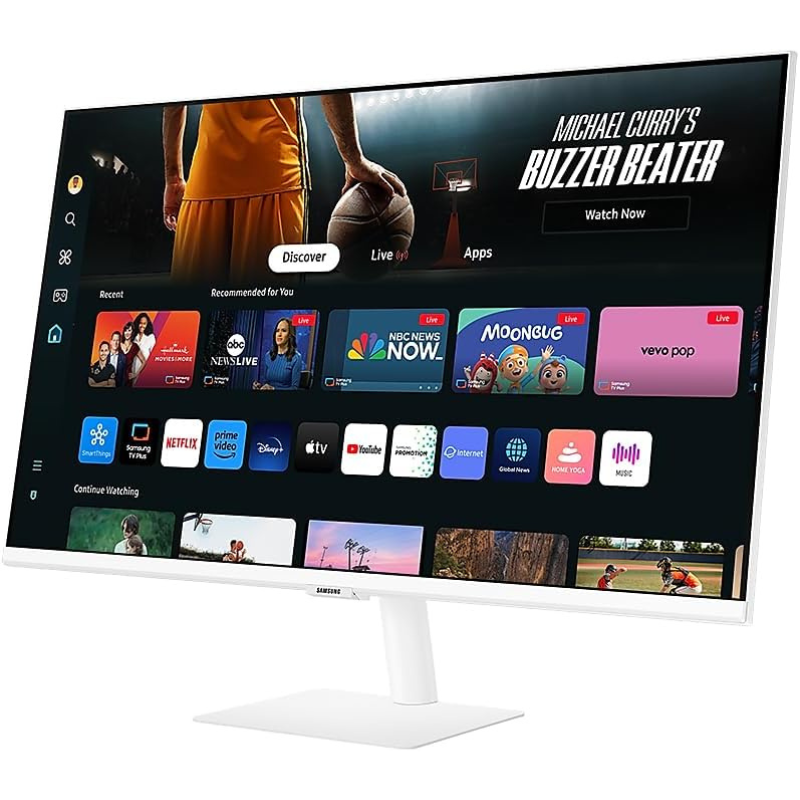 Samsung smart TV displaying various apps and content on a white background