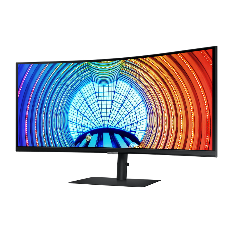 Curved monitor with vibrant multicolored display on a white background