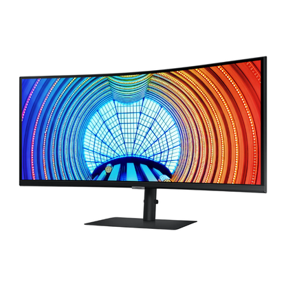 Curved monitor with vibrant multicolored display on a white background