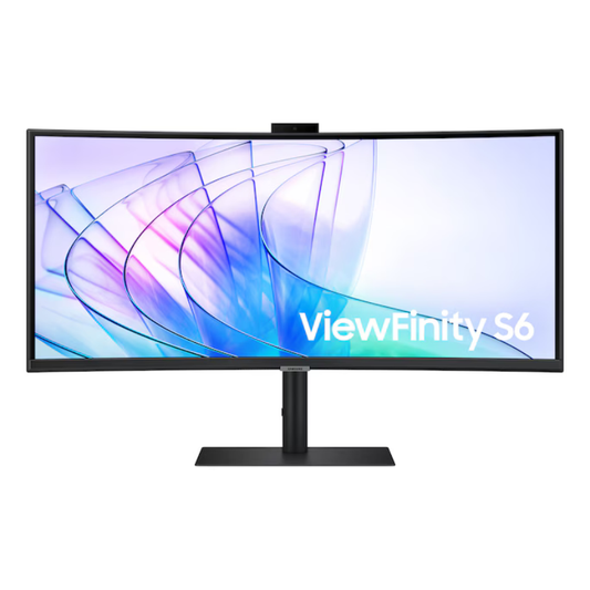 Samsung ViewFinity S6 monitor with colorful display on a white background