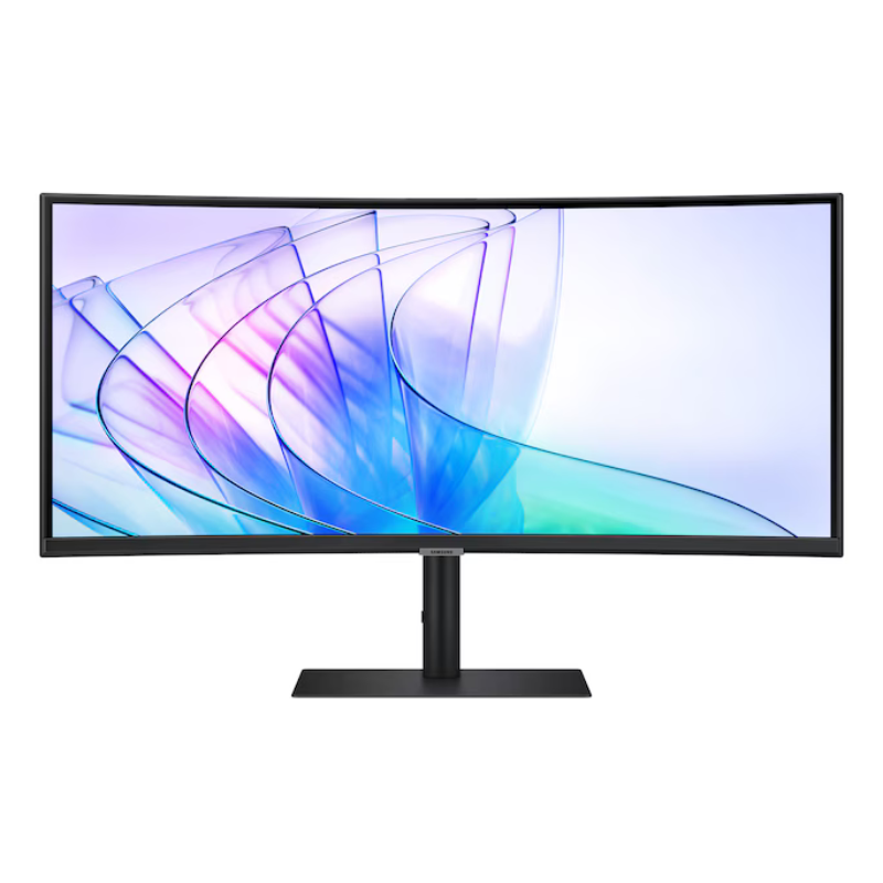 Computer monitor with colorful abstract design on the screen against a white background