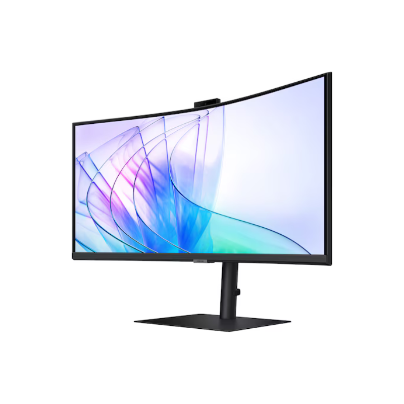 Curved monitor with colorful display on a white background