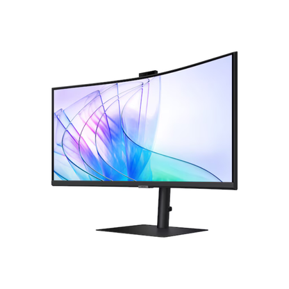 Curved monitor with colorful display on a white background