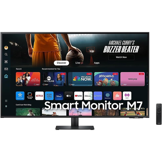 Smart monitor M7 with streaming apps on the screen and remote control on a white background