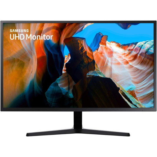 Samsung UHD monitor displaying a scenic image on a white background
