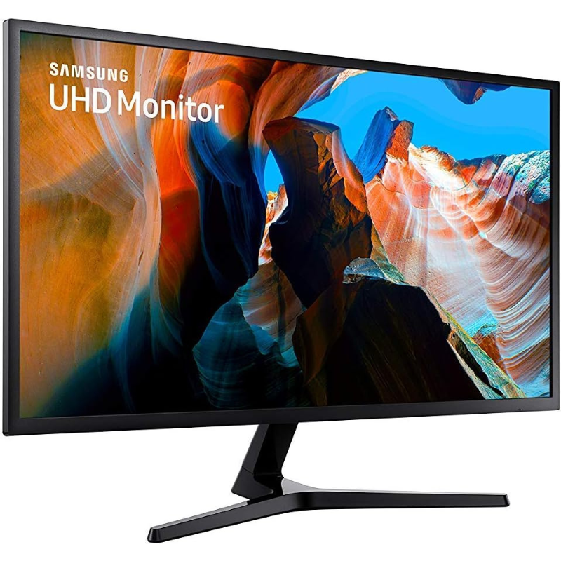 Samsung UHD monitor with colorful display on a white background