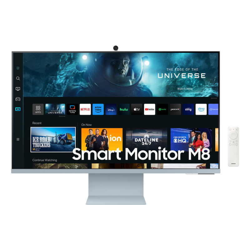 Smart monitor M8 with streaming platform interface on a white background