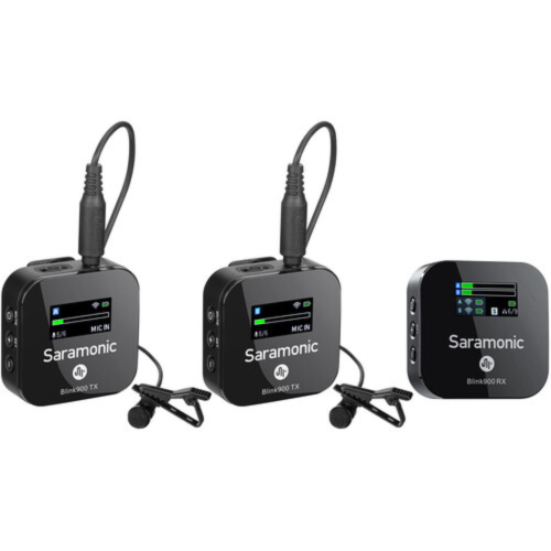 Three Saramonic wireless microphone transmitter units on a white background