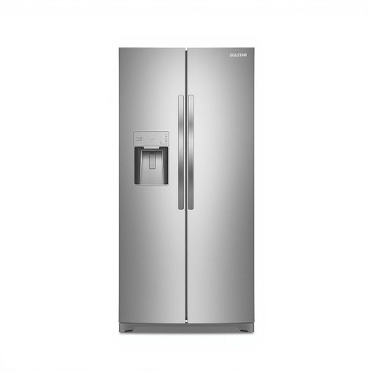 Stainless steel refrigerator with water and ice dispenser on a white background