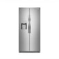 Stainless steel refrigerator with water and ice dispenser on a white background