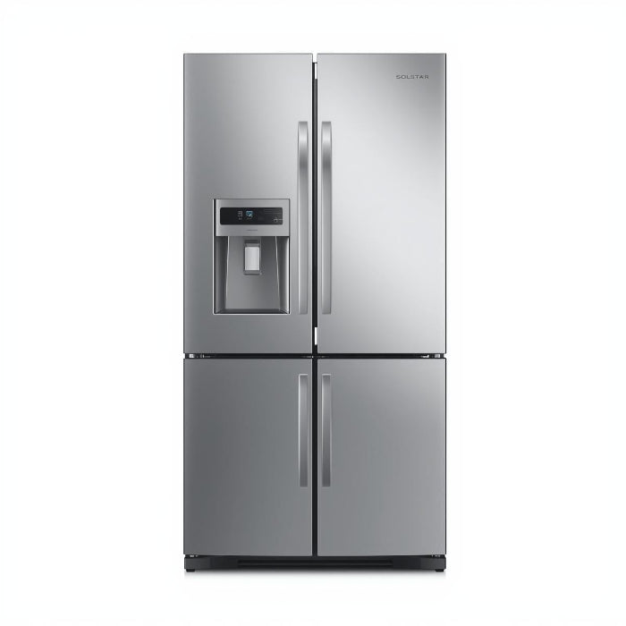 Stainless steel refrigerator with ice and water dispenser on a white background