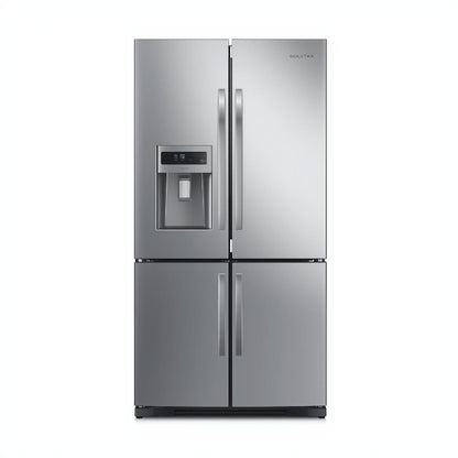 Stainless steel refrigerator with ice and water dispenser on a white background