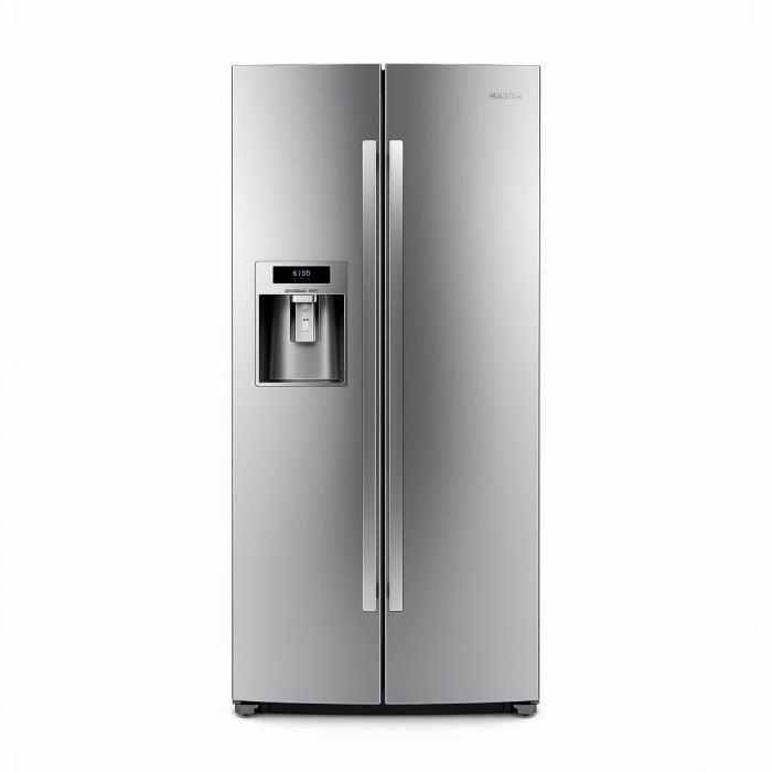 Stainless steel refrigerator with water and ice dispenser on a white background
