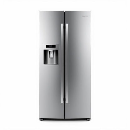 Stainless steel refrigerator with water and ice dispenser on a white background