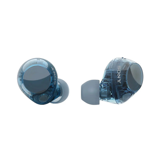 Blue Sony earbuds on a white background