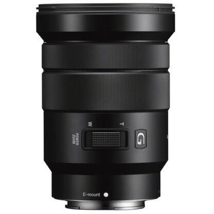 Black Sony E PZ 18-105mm f/4 G OSS Lens on a white background